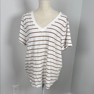 LOFT White and Tan Striped V-Neck Women's Top